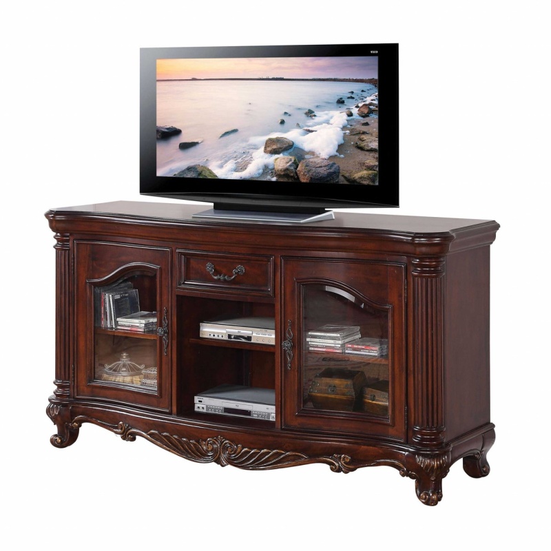 65" Brown Cherry Cabinet Enclosed Storage TV Stand With Bookcase