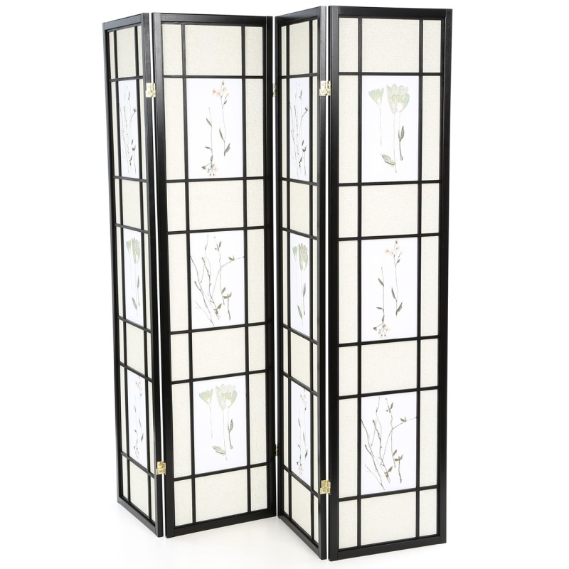 Black 4-Panel Room Divider Shoji Screen With Asian Floral Print