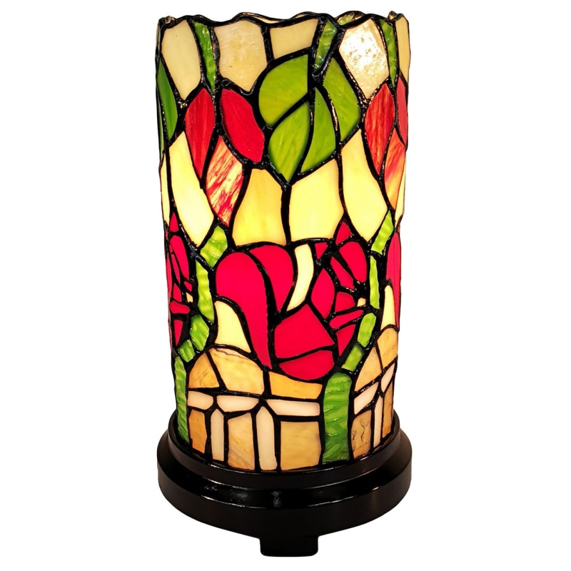 Red Green and Black Floral Stained Glass Accent Lamp