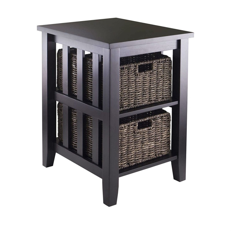 Espresso 3 Tier Bookcase Shelf Accent Table With 2 Small Storage Baskets