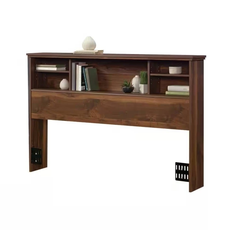 Full / Queen Farmhouse Bookcase Headboard In Brown Walnut Wood Finish