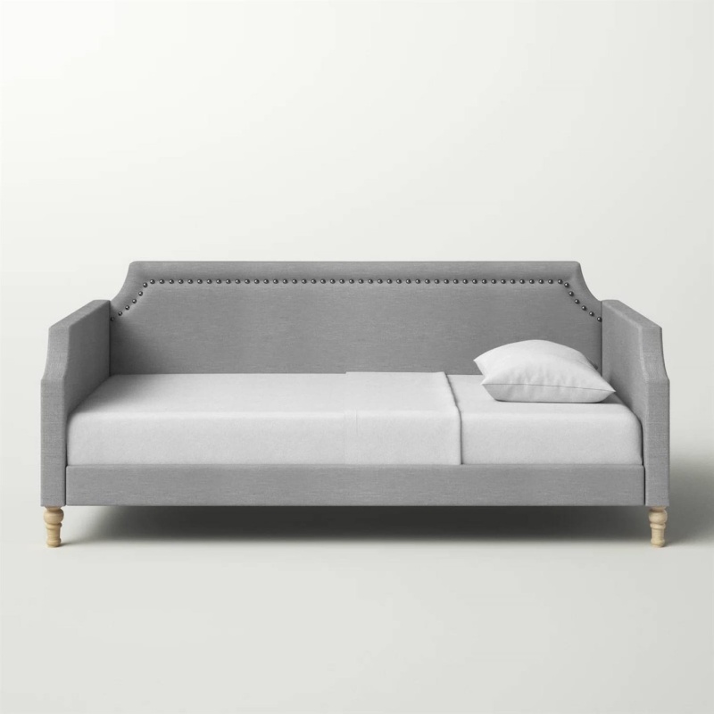 Twin Size Grey Polyester Fabric Upholstered Daybed With Nailhead Trim