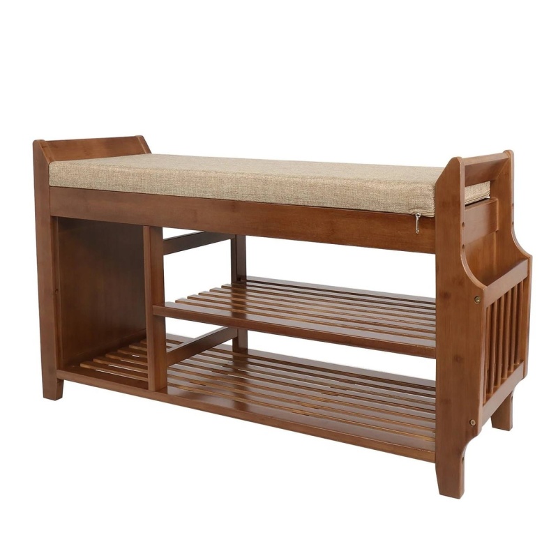 Solid Wood Entryway Shoe Rack Storage Bench With Cushioned Seat 2 Shelves And Drawer