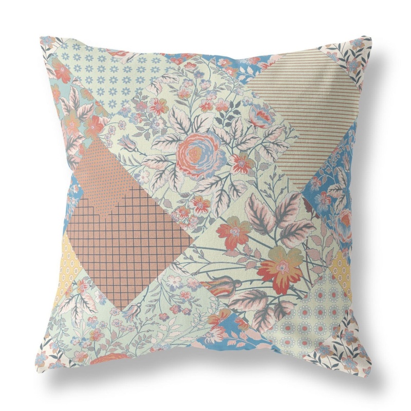 20" Cream Red Boho Floral Indoor Outdoor Throw Pillow