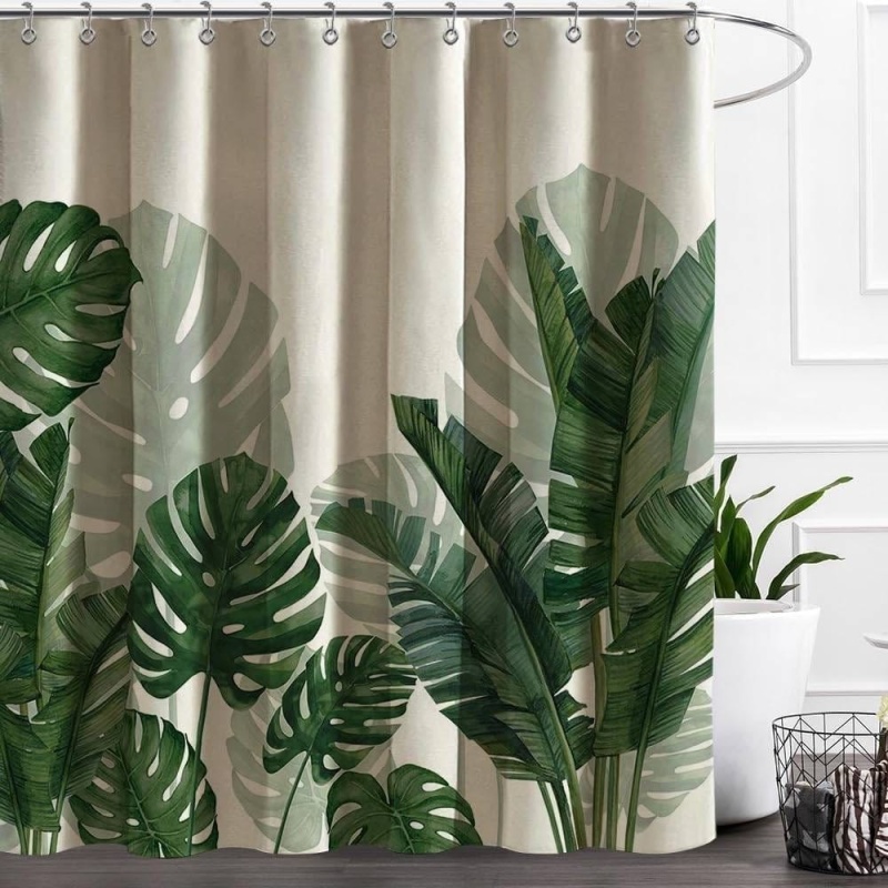 72"W X 72"H Tropical Green Leaves Linen Polyester Blend Shower Curtain