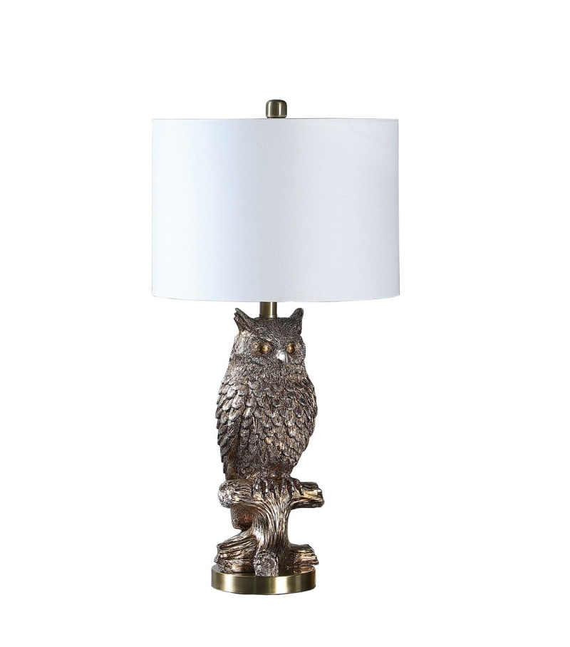 28" Antiqued Silver Resin Owl Table Or Desk Lamp