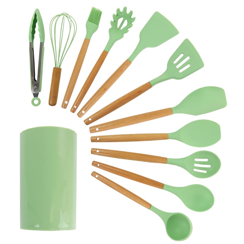 Megachef Mint Green Silicone And Wood Cooking Utensils, Set Of 12