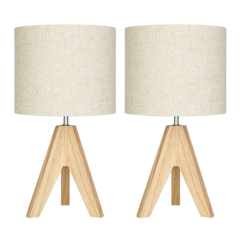 Set Of 2 - Solid Wood Tripod Table Lamp With Beige Linen Drum Shade