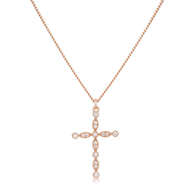 Delicate Vintage Rose Gold Plated Clear Cz Cross Pendant