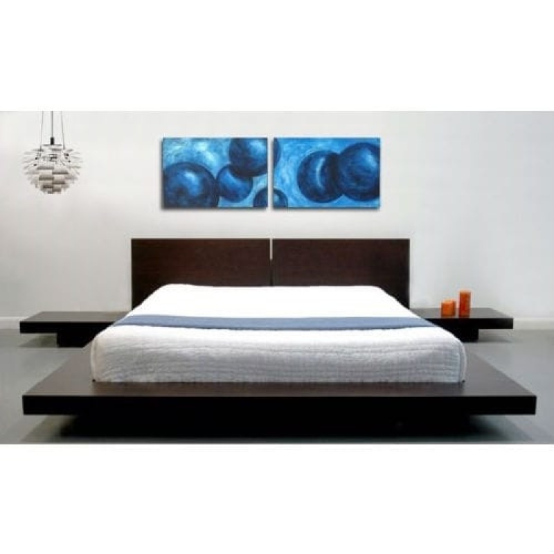King Modern Japanese Style Platform Bed with Headboard and 2 Nightstands