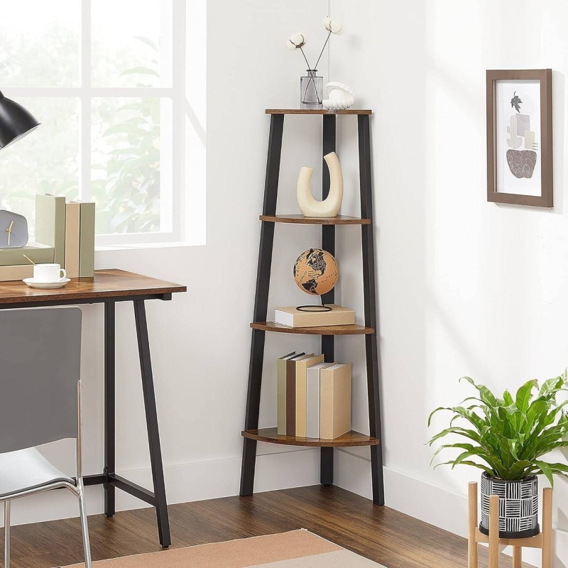 Narrow 3-Shelf Corner Shelving Unit Plant Stand Bookcase In Brown Black Wood