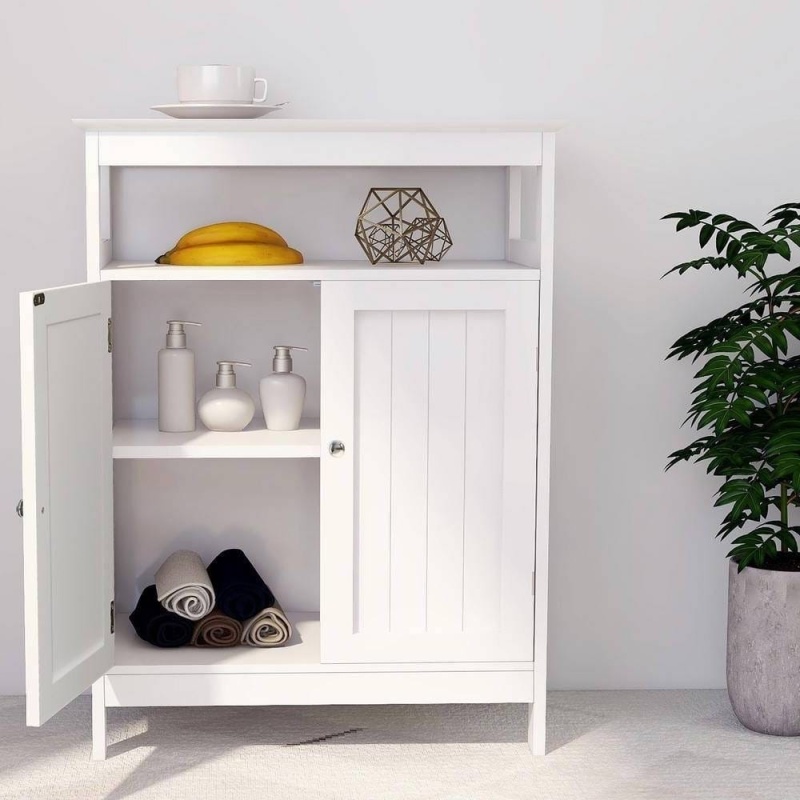 2-Door Bathroom Linen Cabinet With Storage Shelf In White Wood Finish
