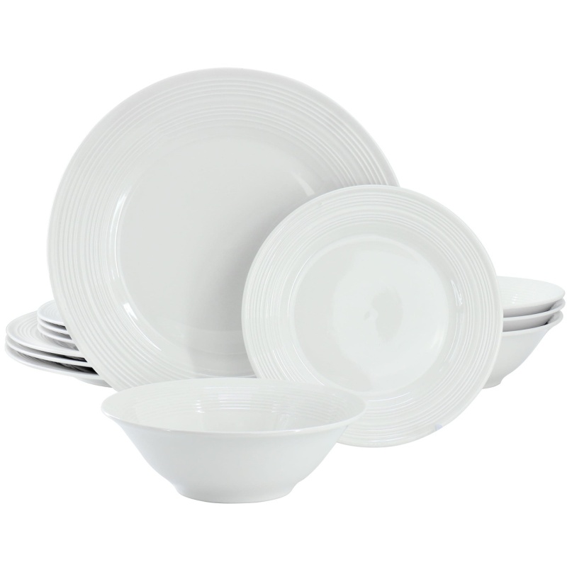 Gibson Home Everyday Embossed 12 Piece Round Ceramic Dinnerware Set in White