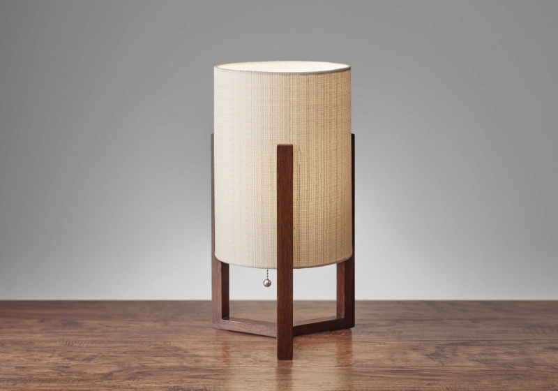 17" Brown Solid Wood Bedside Table Lamp with Natural Cylinder Shade