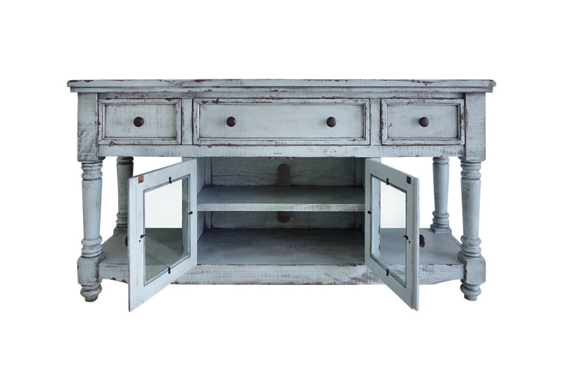 70" Blue Solid Wood Open Shelving Distressed TV Stand