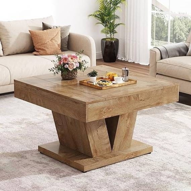 Modern Farmhouse Style Square Coffee Table In Natural Wood Finish
