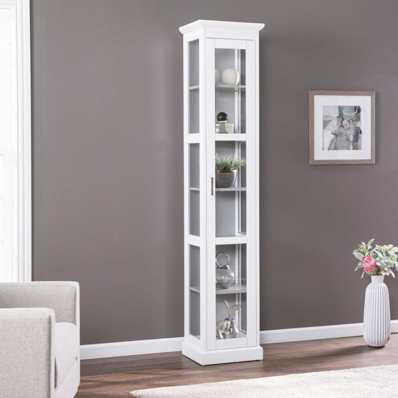 White Cornice Molding Curio With Glass Door