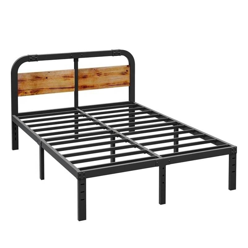 Queen Heavy Duty Black Metal Bed Frame With Solid Wood Panel Headboard