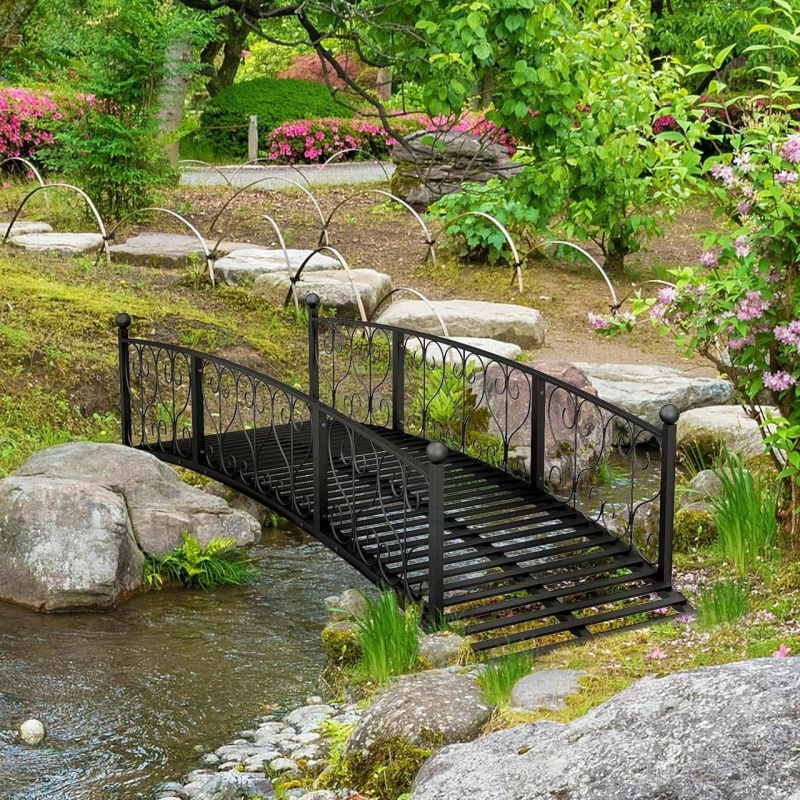 Outdoor Black Metal Arch 7-Ft Garden Bridge With Side-Rails
