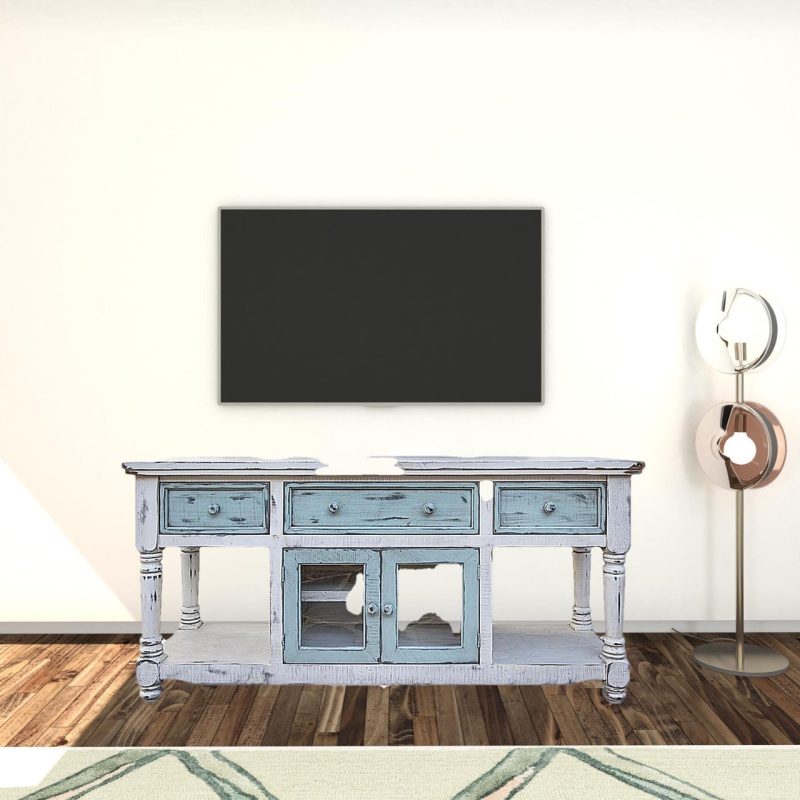 70" Blue and White Solid Wood Open Shelving Distressed TV Stand