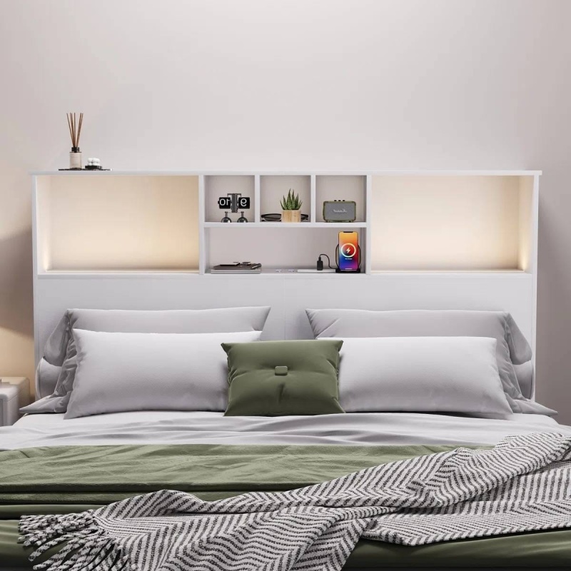 Queen Size Bookcase Headboard In White Wood Finish With Led Lights