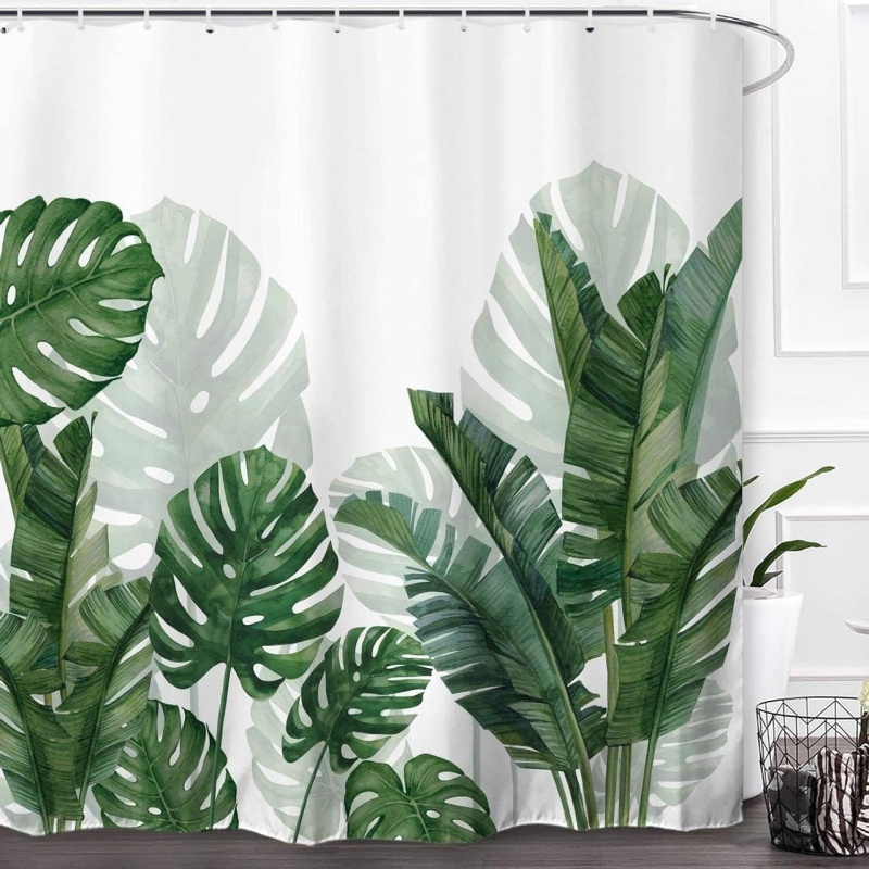 Tropical Green Leaf Botanical Polyester Shower Curtain