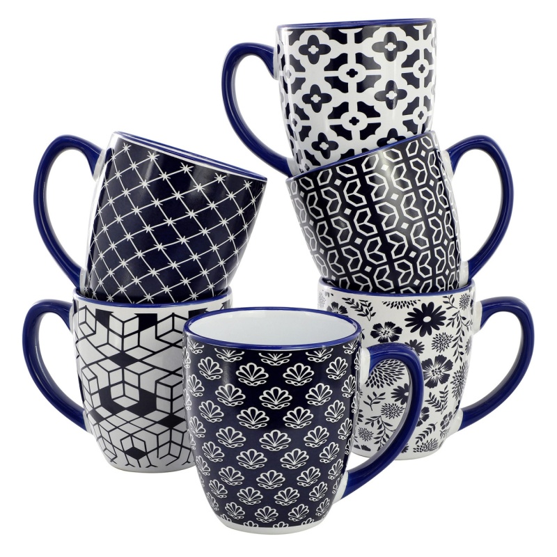 Elama Flyn 6 Piece 16 Ounce Assorted Design Stoneware Mug Set In Navy Blue And White