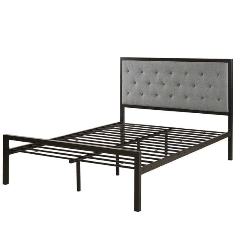 Queen Size Contemporary Metal Platform Bed With Grey Upholstered Headboard