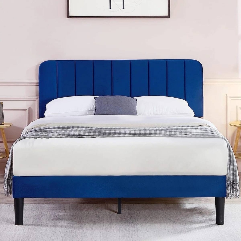 Queen Size Blue Upholstered Platform Bed Frame With Headboard