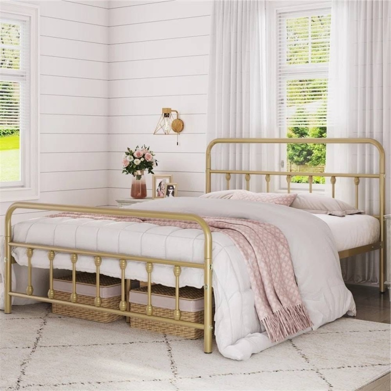 Queen Vintage Antique Gold Metal Platform Bed Frame With Headboard Footboard