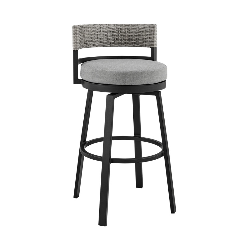 33" Light Gray Metal Swivel Low Back Outdoor Bar Height Chair With Footrest