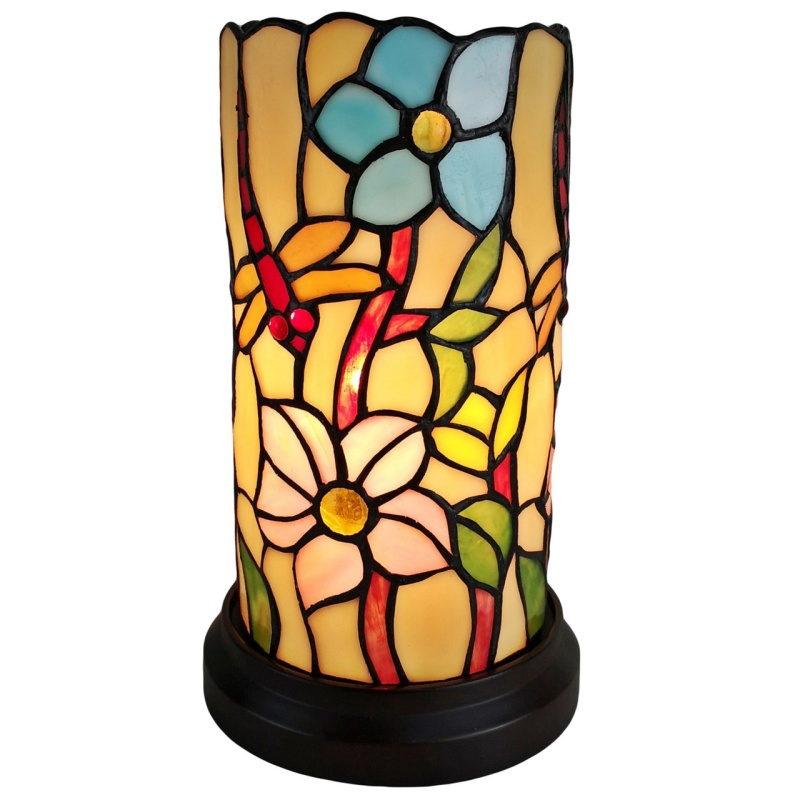 10" Red And Beige Dragonfly Stained Glass Accent Lamp