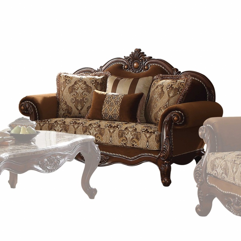 69" Brown Damask Chesterfield Loveseat And Toss Pillows