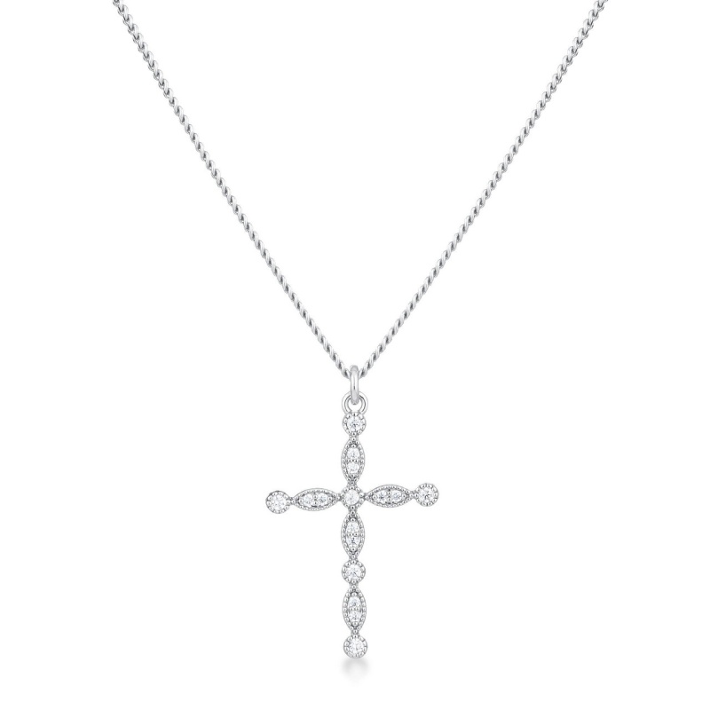 Delicate Vintage Rhodium Plated Clear Cz Cross Pendant