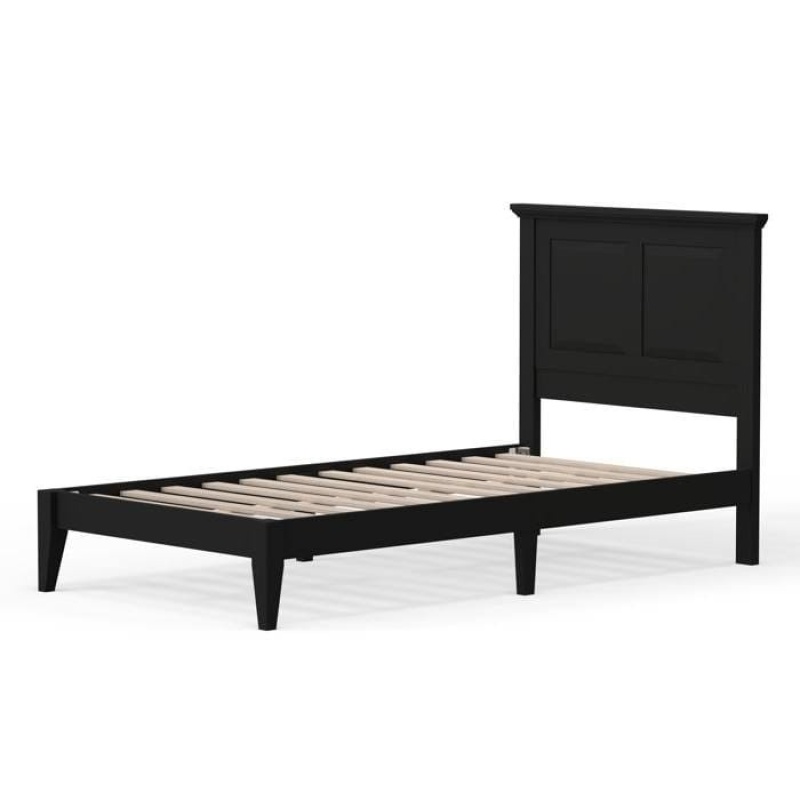 Twin Traditional Solid Oak Wooden Platform Bed Frame With Headboard in Black