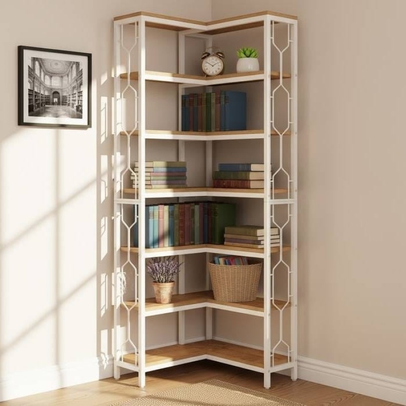 Industrial 7-Tier Metal/Wood Corner Bookcase
