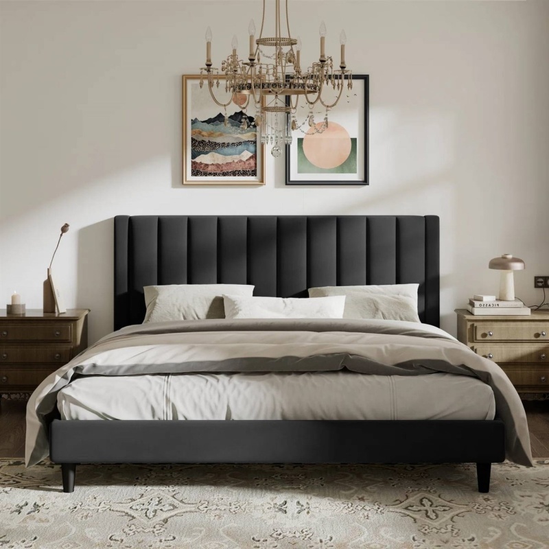 King Size Black Velvet Upholstered Platform Bed Frame With Headboard