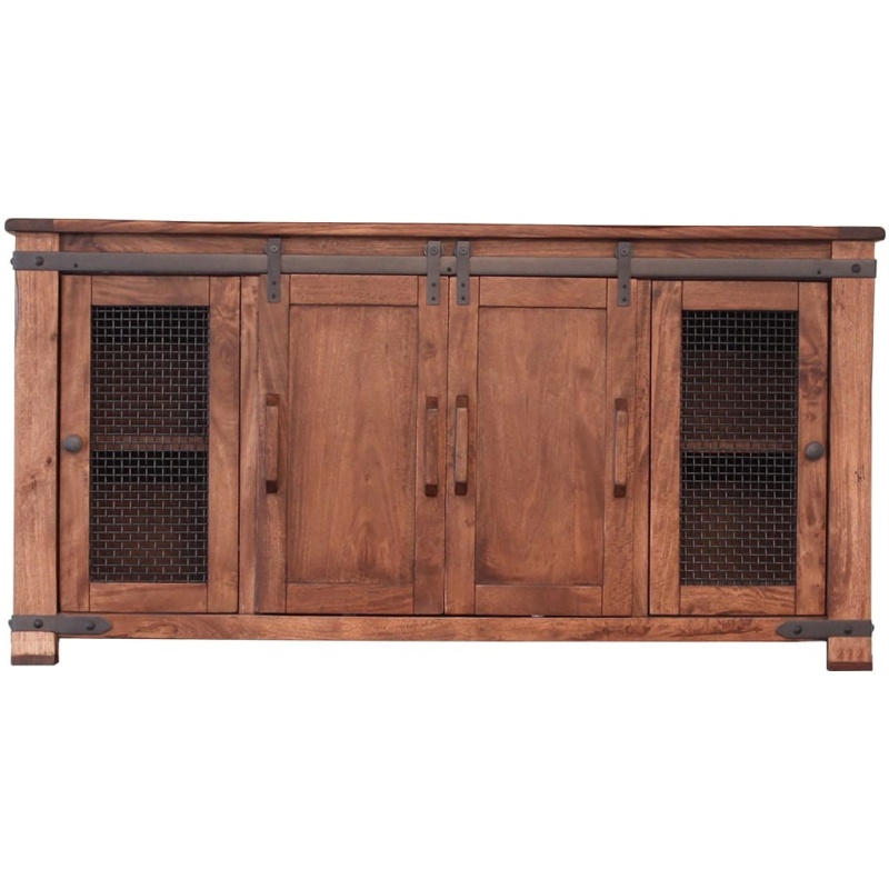 70" Brown Solid Wood Cabinet Enclosed Storage Distressed Tv Stand