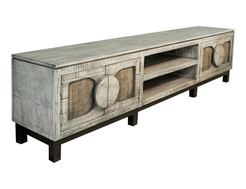 93" White Solid Wood Cabinet Enclosed Storage Distressed Tv Stand