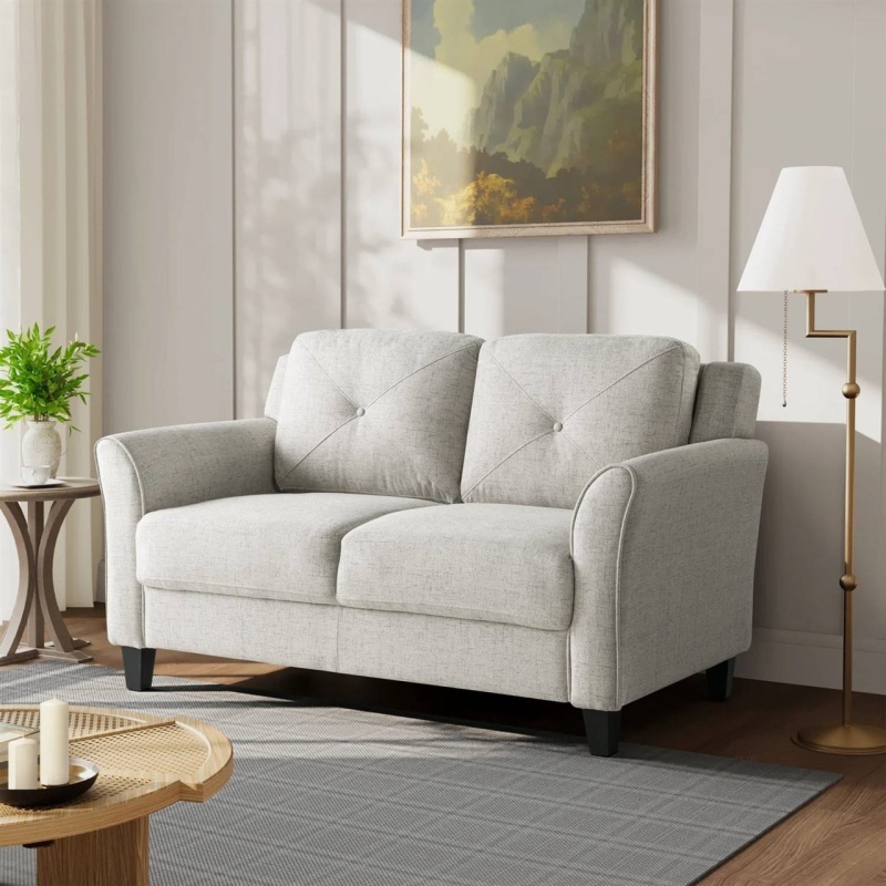 Modern Upholstered Loveseat Sofa in Cream Microfiber