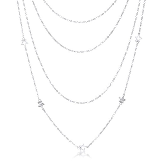 Multi-Chain Rhodium Star Necklace With Cz
