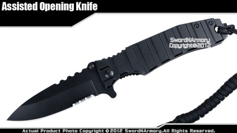 Black Spring Assisted Open Folding Pocket Knife Serrated Blade With Parachute Cord