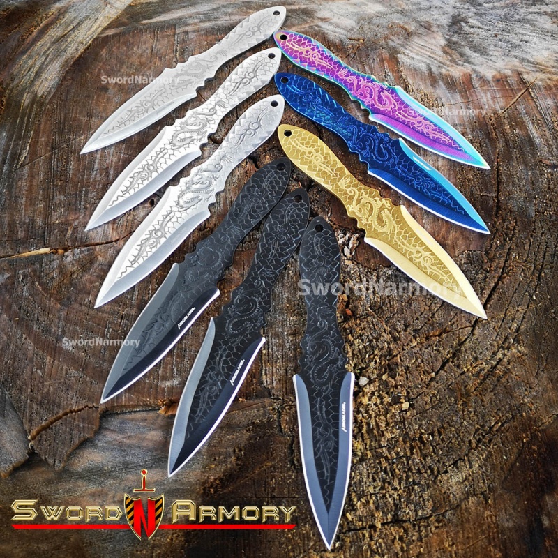 6.5" Throwing Knife Set With Dragon Fixed Blade Knives Multiple Colors