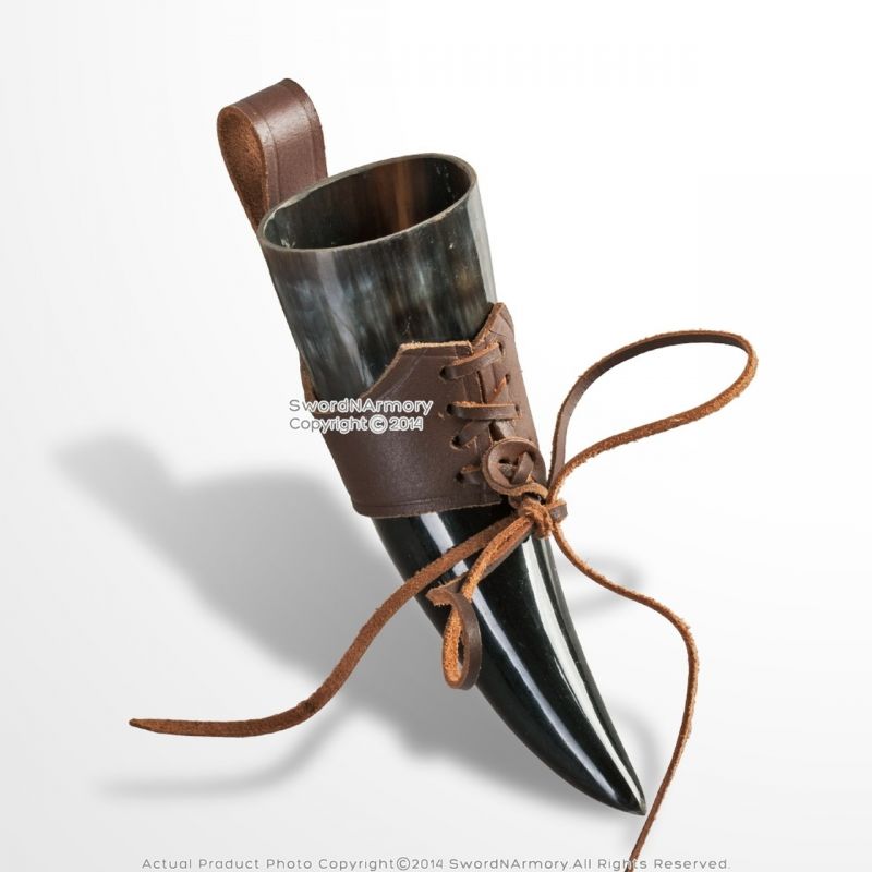 100% Natural Cow Horn Medieval Drinking Cup W/ Leather Frog Reenactment Larp Sca