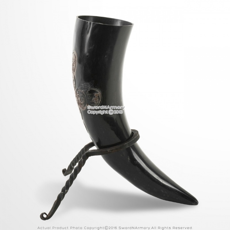 Medieval Pirate Skull Cross Engraved Cow Horn Viking Mug With Iron Display Rack