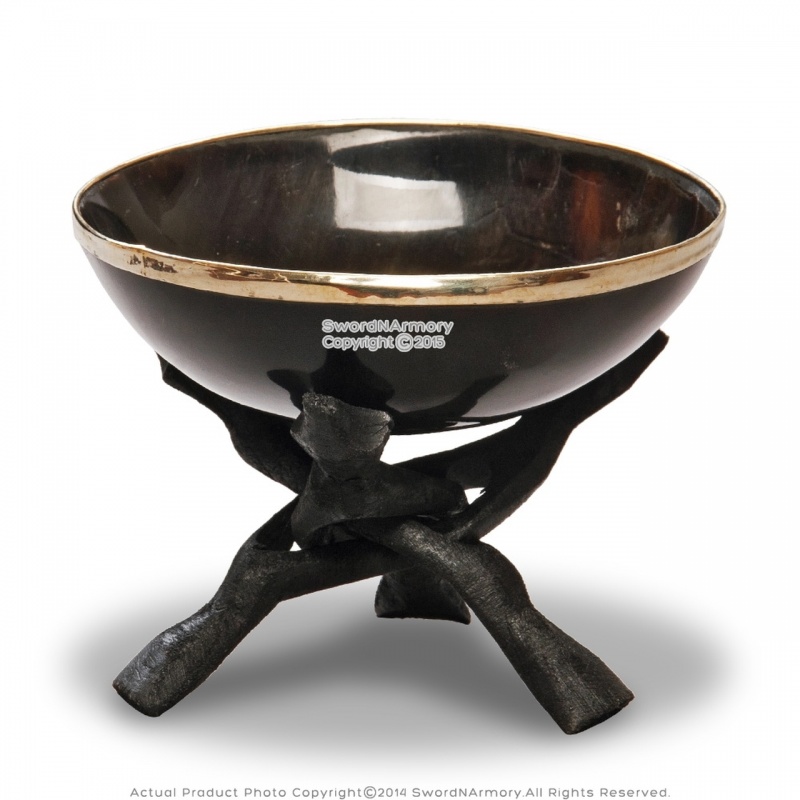 Medieval Cow Horn Bowl with Wooden Tripod Stand