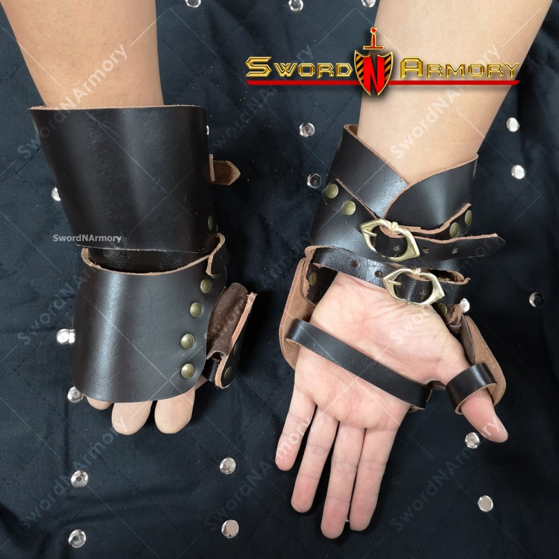 Medieval Leather Gauntlets Large Black Pair Wrist/Thumb Guard For ...