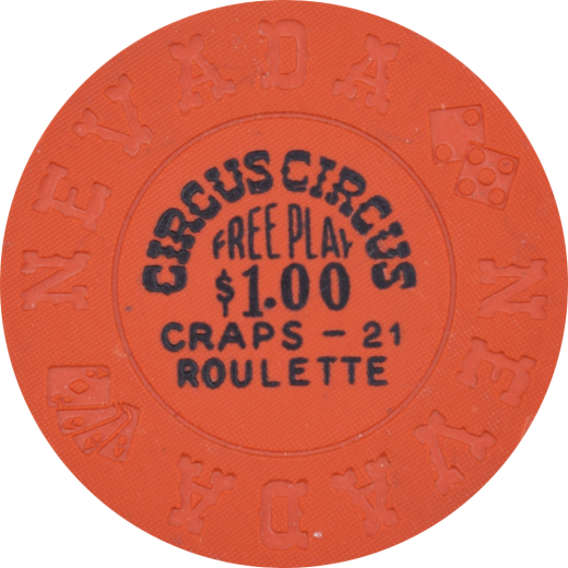Circus Circus Casino Las Vegas $1 Free Play Craps-21 Roulette Chip - 1970s Collectible