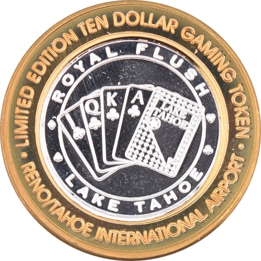 Reno/Tahoe International Airport Casino Reno "Royal Flush Lake Tahoe $10 Silver Strike .999 Fine Silver 2005