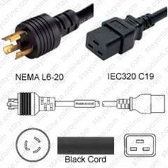 Nema L6-20 Male Plug To Iec320 C19 Connector 3.0 Meters / 10 Feet 20A/250V 12/3 Sjt Black - Power Cord